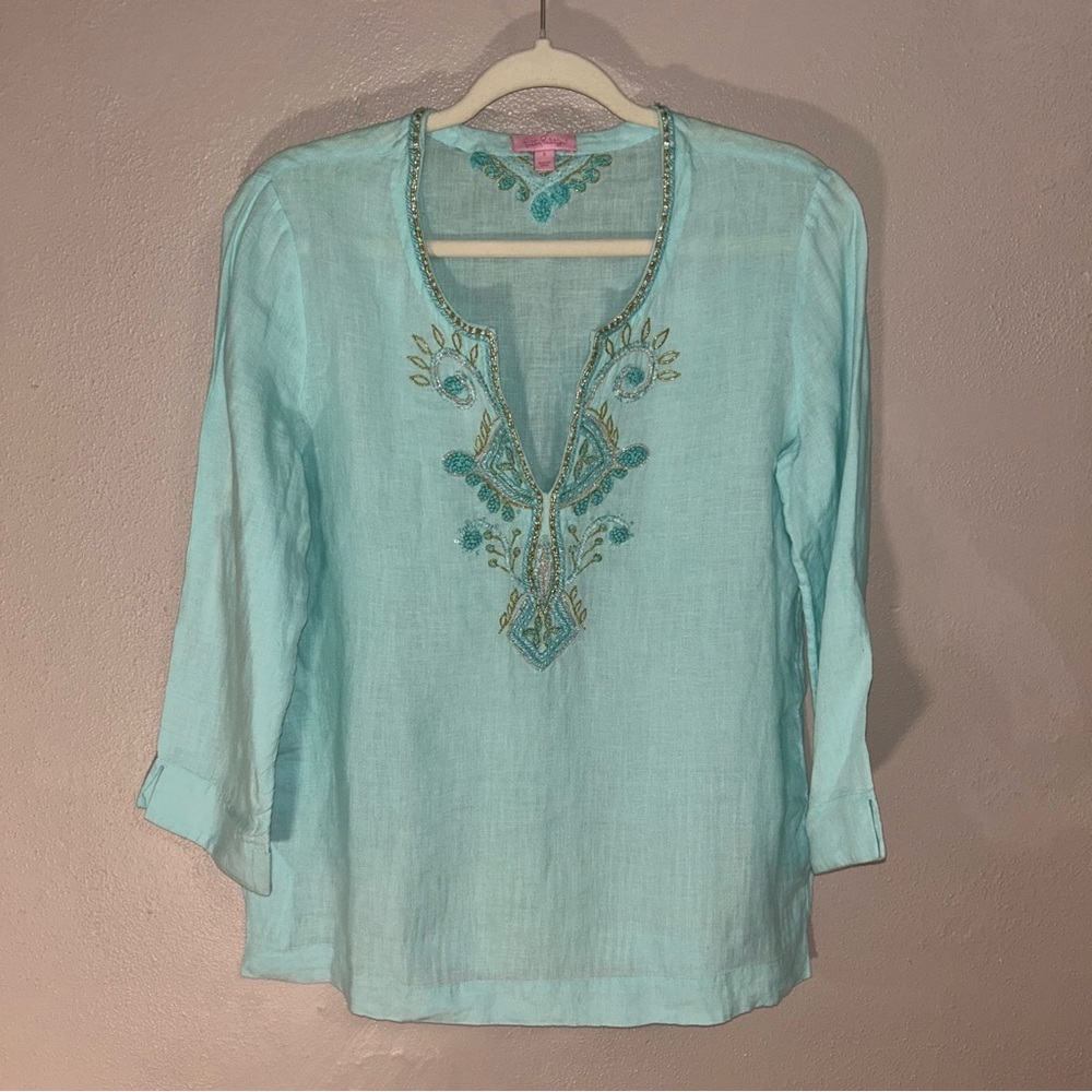 Lilly Pulitzer embellished Turquoise Embroidered linen Tunic